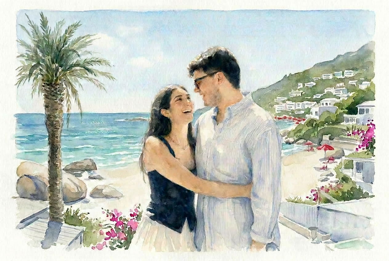 Watercolour painting of Michaela and Nathan in Cape Town